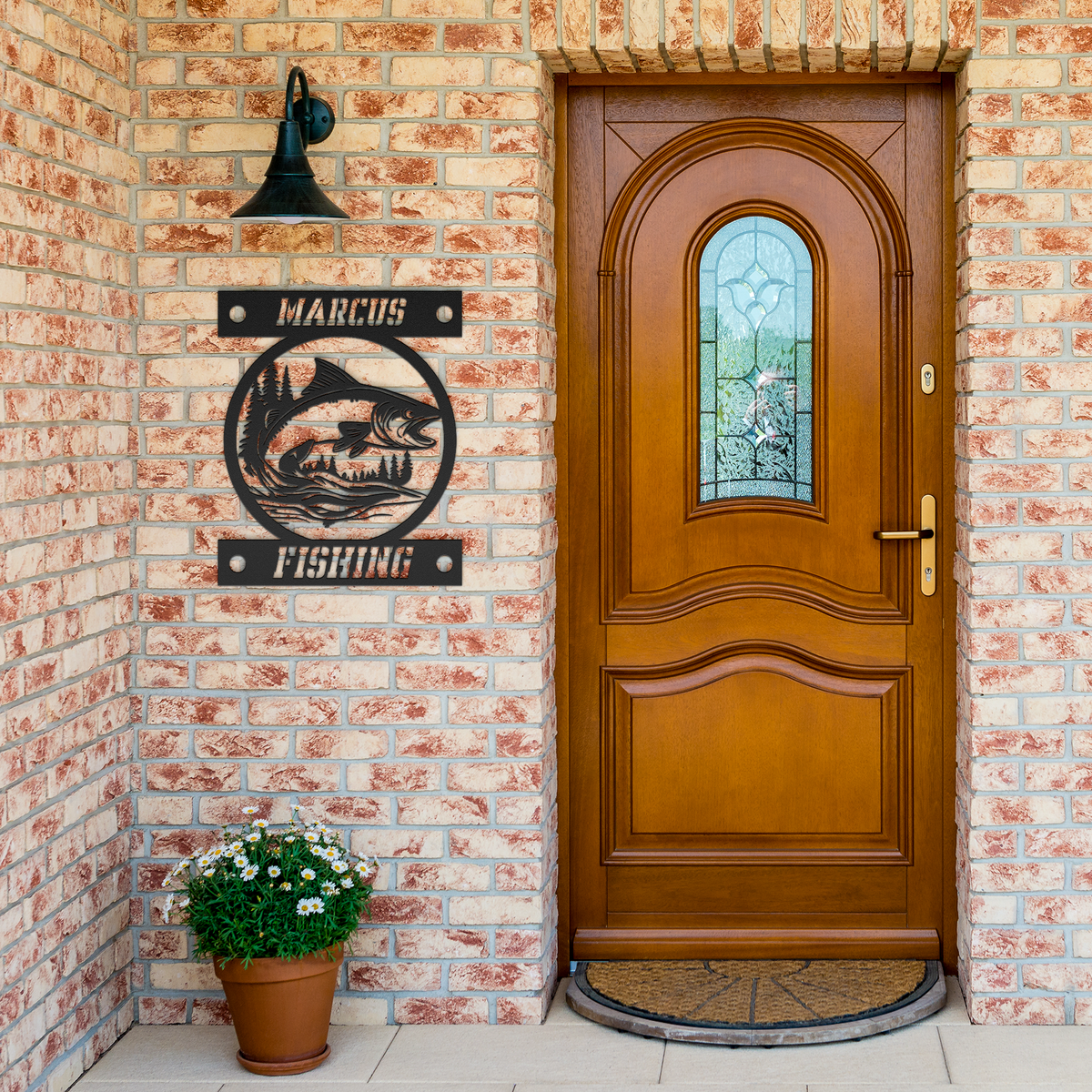 Custom_Fishing_Metal_Sign_Trout_Circle_Black_Brick_Entrance_Mockup.png